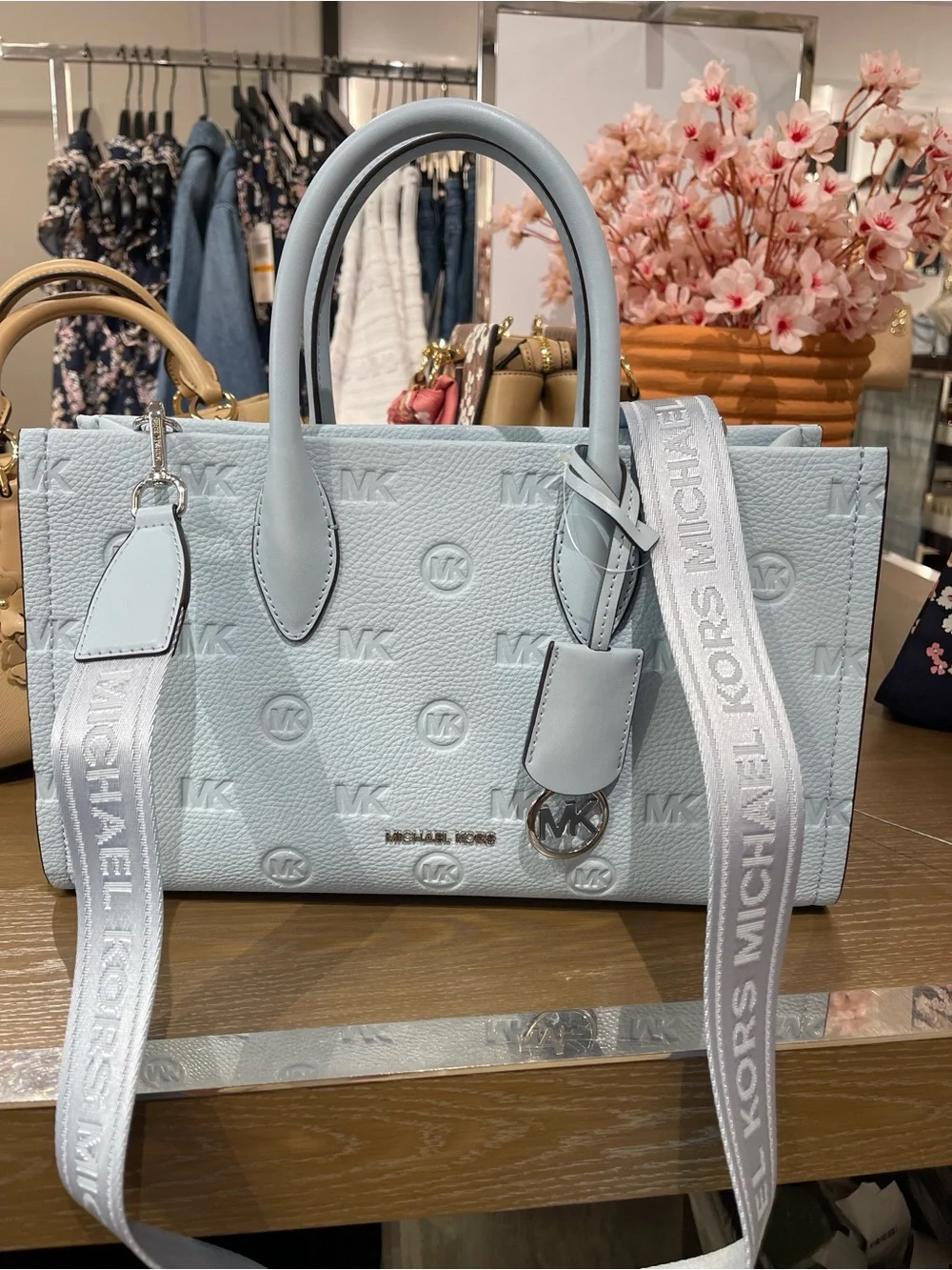 Michael Kors Mirella Md Logo Debossed EW Top Zip Satchel Shouldr Tote Pale Ocean